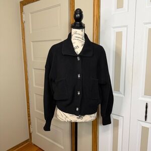 EXPRESS Womens LG Black Ribbed Cotton Cardigan Silver Turn-Lock Closure Cropped